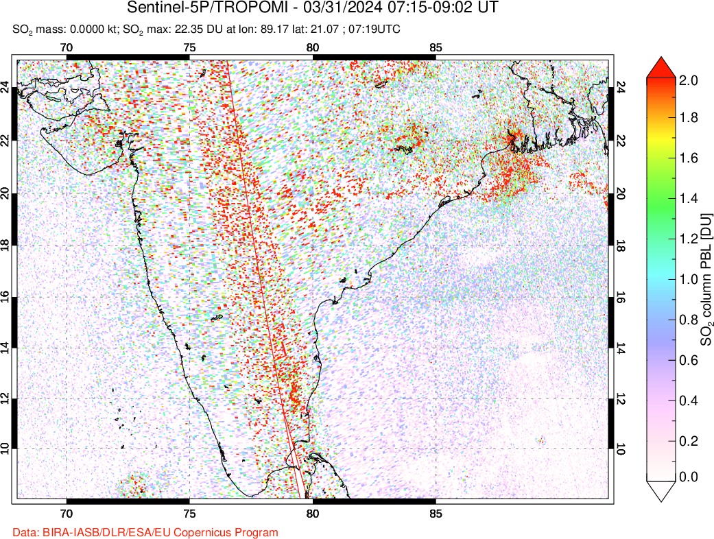 A sulfur dioxide image over India on Mar 31, 2024.