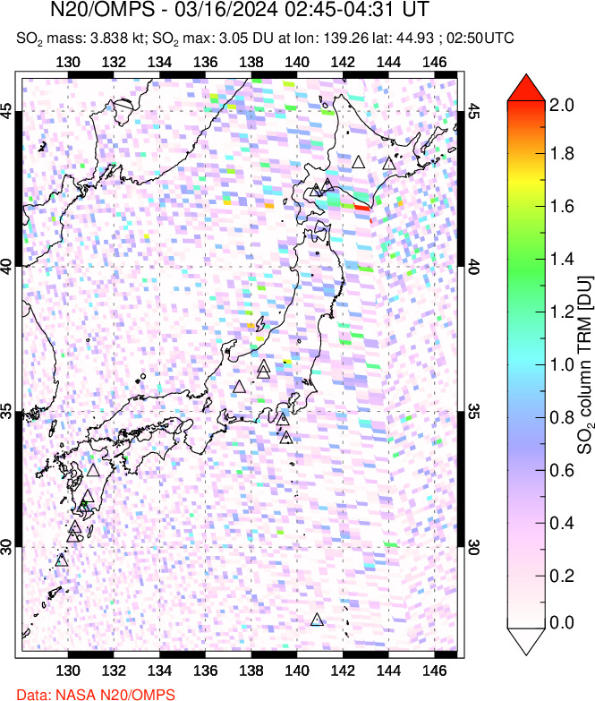 A sulfur dioxide image over Japan on Mar 16, 2024.