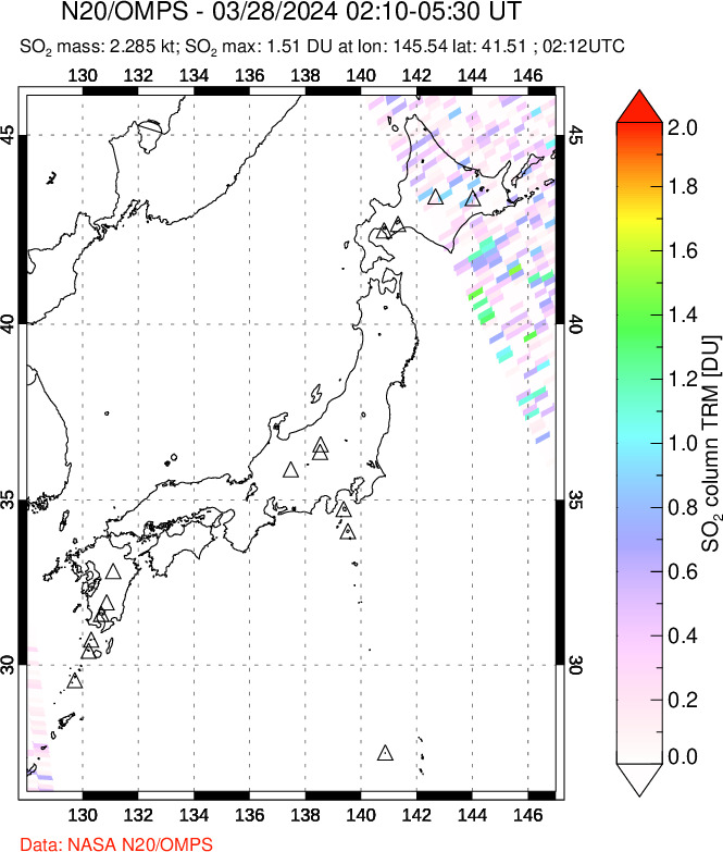 A sulfur dioxide image over Japan on Mar 28, 2024.