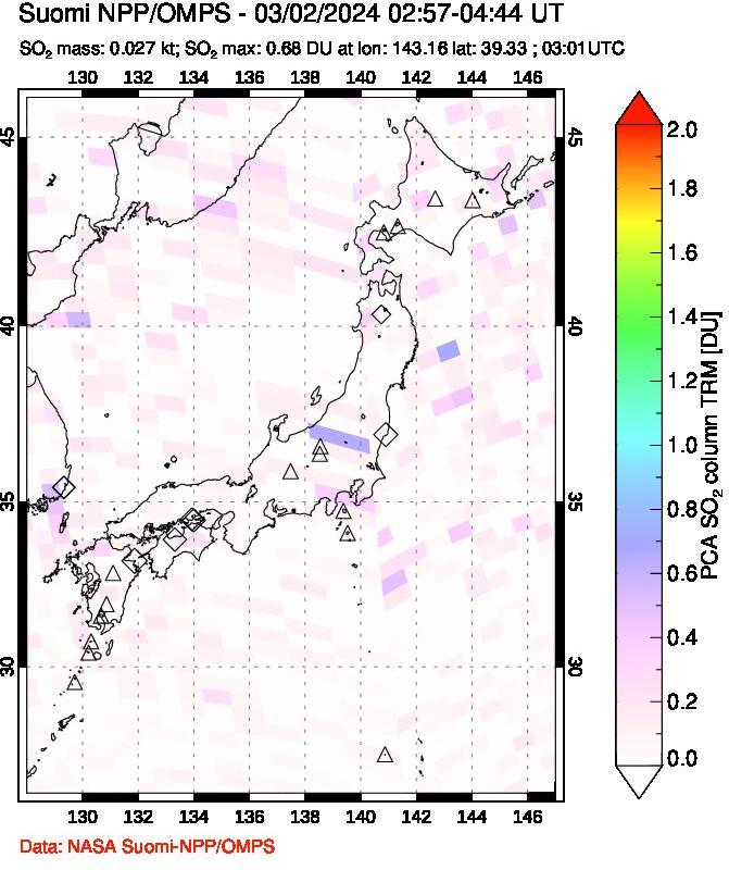 A sulfur dioxide image over Japan on Mar 02, 2024.