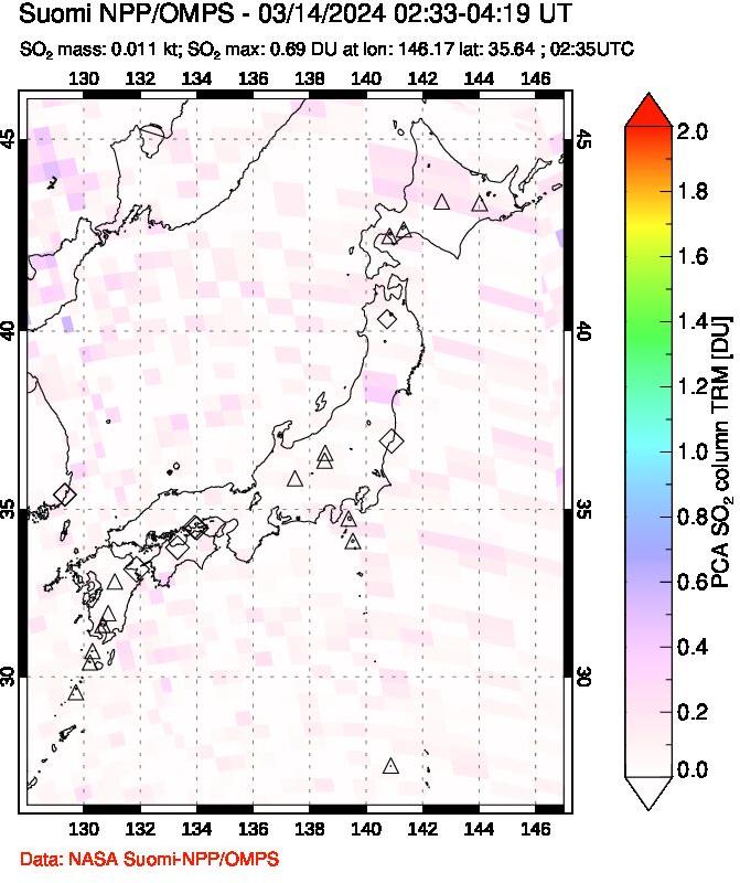 A sulfur dioxide image over Japan on Mar 14, 2024.