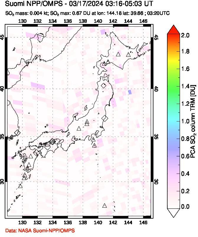 A sulfur dioxide image over Japan on Mar 17, 2024.