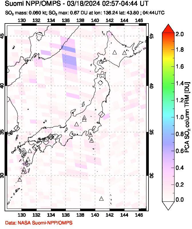 A sulfur dioxide image over Japan on Mar 18, 2024.