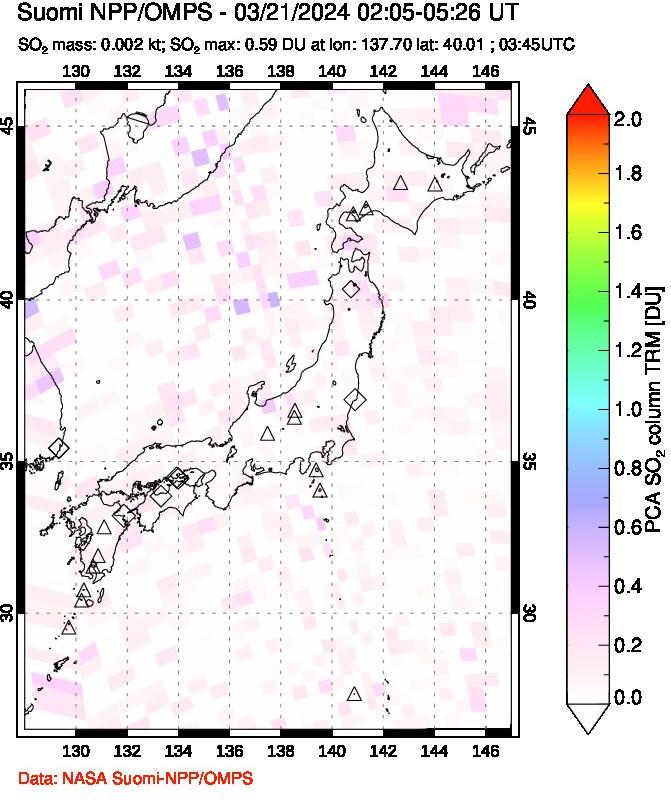 A sulfur dioxide image over Japan on Mar 21, 2024.