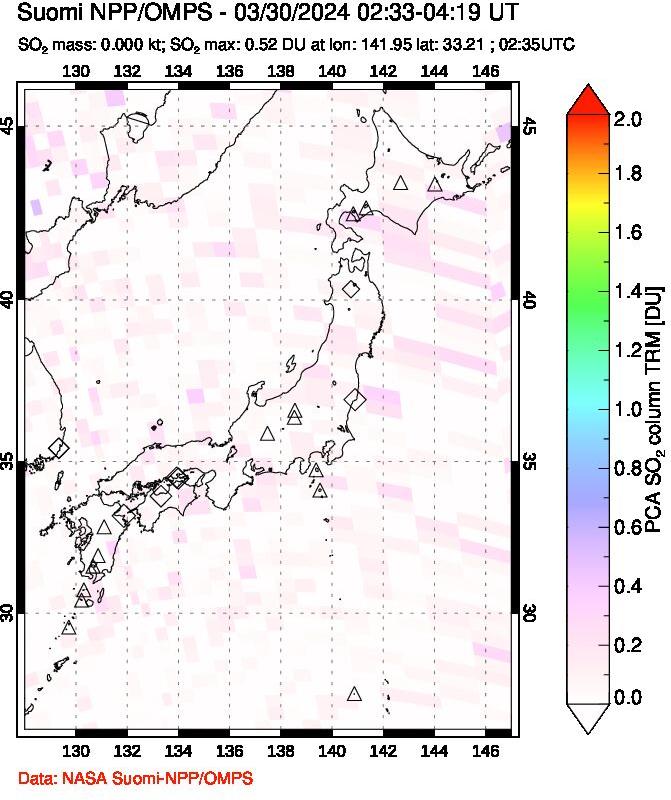 A sulfur dioxide image over Japan on Mar 30, 2024.