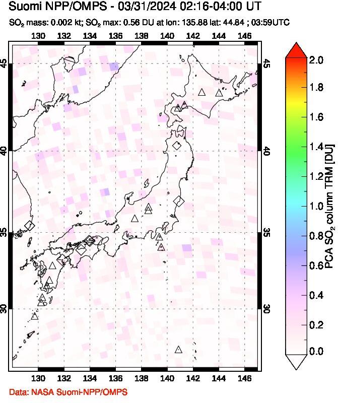 A sulfur dioxide image over Japan on Mar 31, 2024.