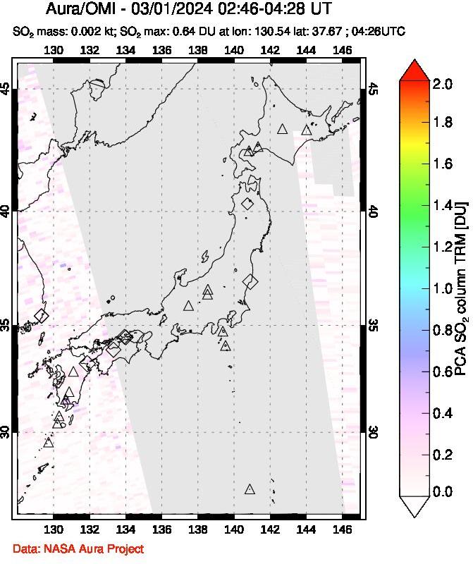 A sulfur dioxide image over Japan on Mar 01, 2024.