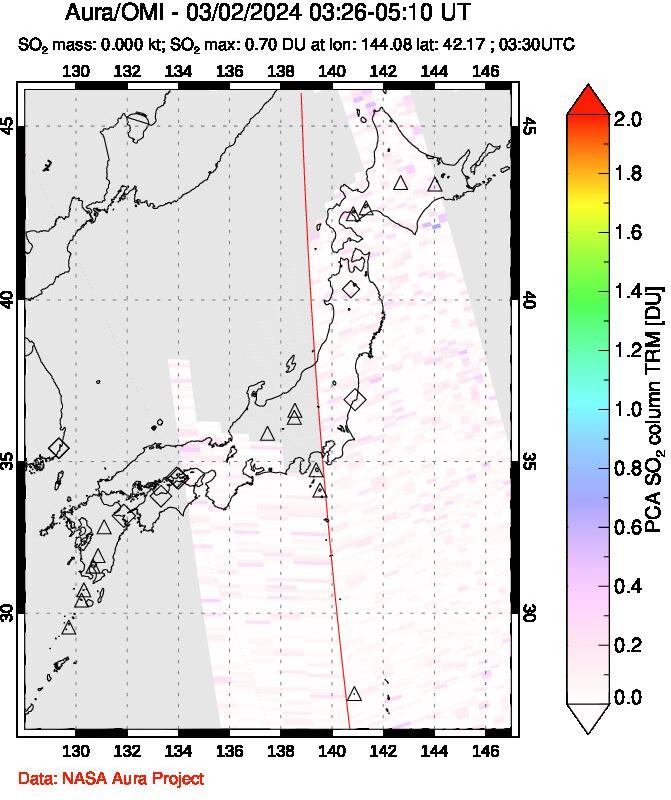 A sulfur dioxide image over Japan on Mar 02, 2024.