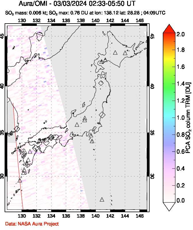 A sulfur dioxide image over Japan on Mar 03, 2024.