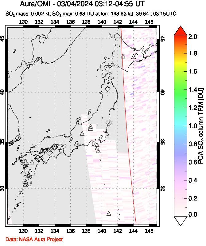 A sulfur dioxide image over Japan on Mar 04, 2024.