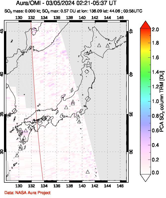 A sulfur dioxide image over Japan on Mar 05, 2024.