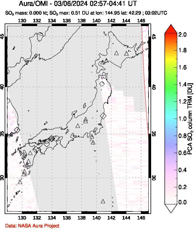 A sulfur dioxide image over Japan on Mar 06, 2024.