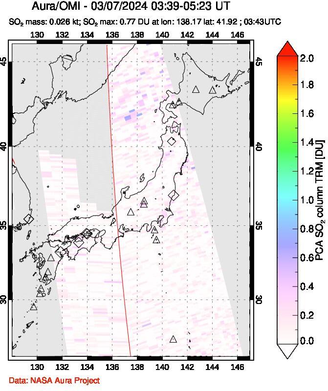 A sulfur dioxide image over Japan on Mar 07, 2024.