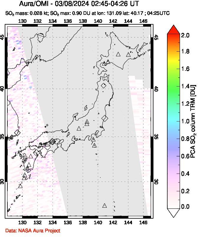 A sulfur dioxide image over Japan on Mar 08, 2024.