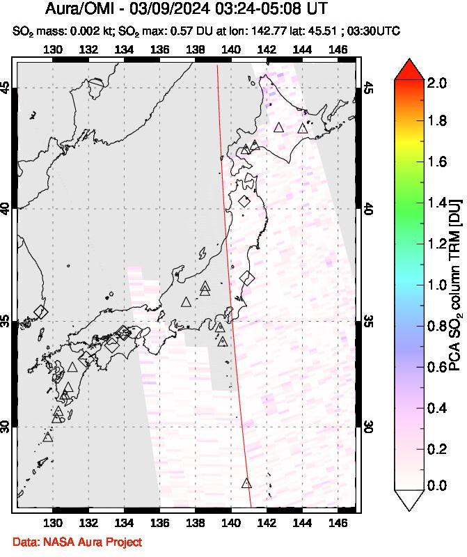 A sulfur dioxide image over Japan on Mar 09, 2024.