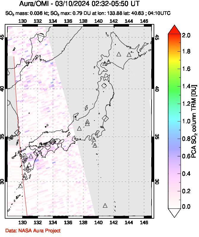 A sulfur dioxide image over Japan on Mar 10, 2024.