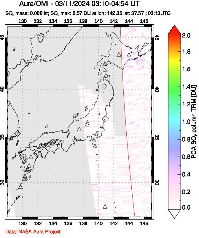 A sulfur dioxide image over Japan on Mar 11, 2024.