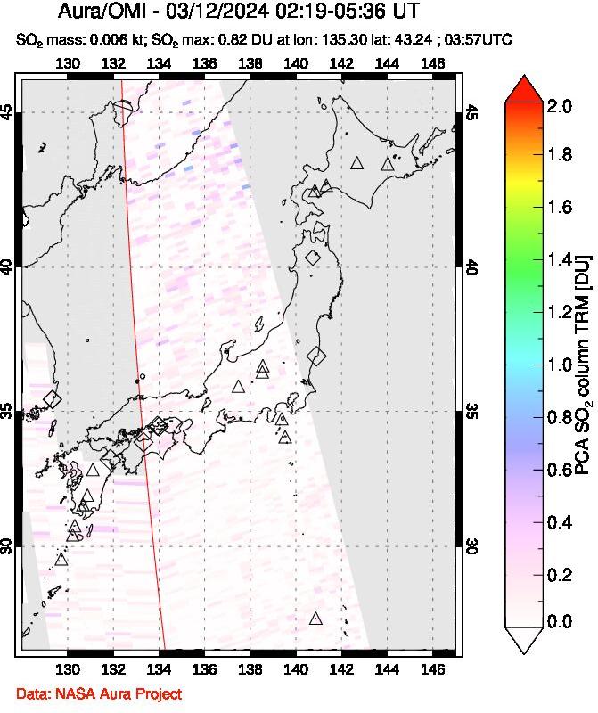 A sulfur dioxide image over Japan on Mar 12, 2024.