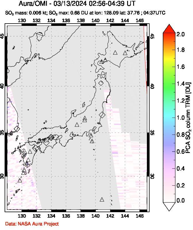 A sulfur dioxide image over Japan on Mar 13, 2024.