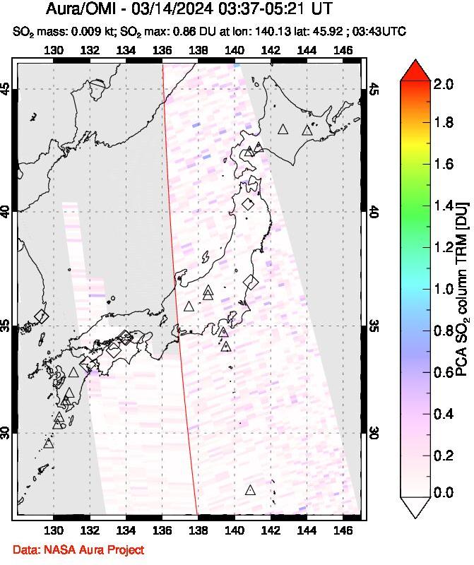 A sulfur dioxide image over Japan on Mar 14, 2024.