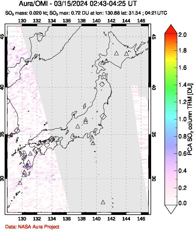 A sulfur dioxide image over Japan on Mar 15, 2024.