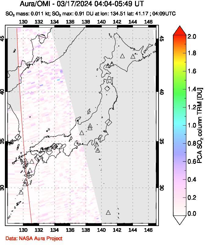 A sulfur dioxide image over Japan on Mar 17, 2024.