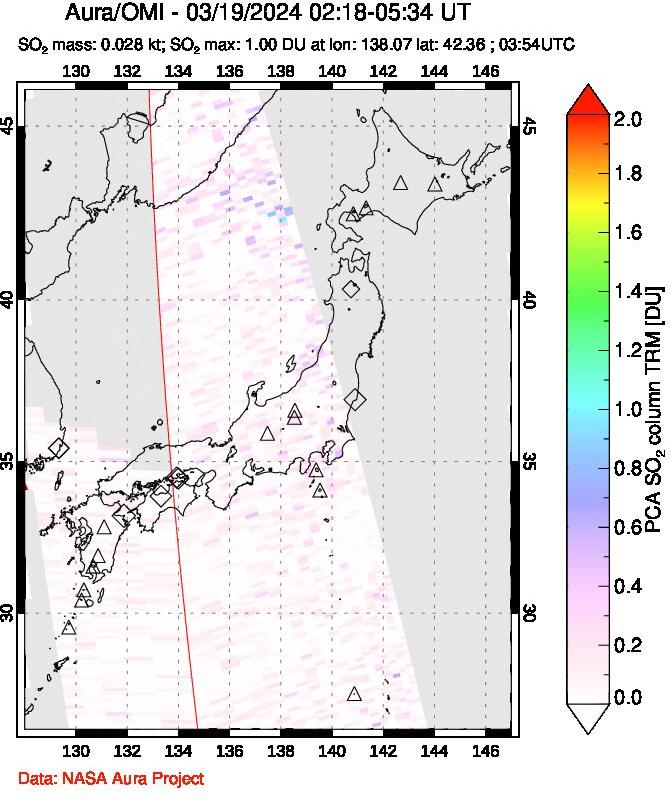 A sulfur dioxide image over Japan on Mar 19, 2024.