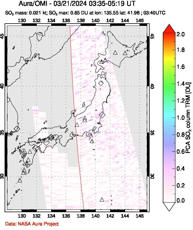 A sulfur dioxide image over Japan on Mar 21, 2024.