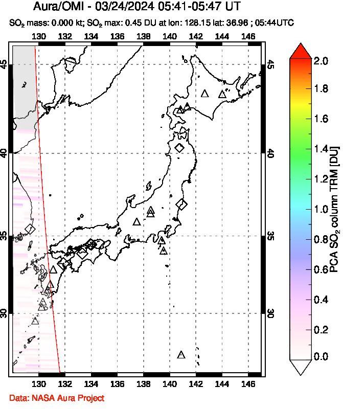 A sulfur dioxide image over Japan on Mar 24, 2024.