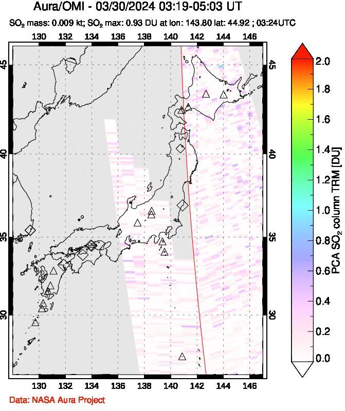 A sulfur dioxide image over Japan on Mar 30, 2024.