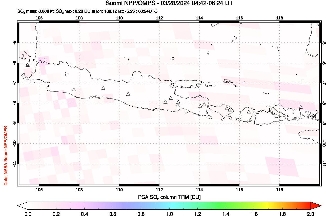 A sulfur dioxide image over Java, Indonesia on Mar 28, 2024.