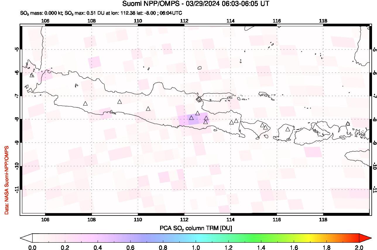A sulfur dioxide image over Java, Indonesia on Mar 29, 2024.