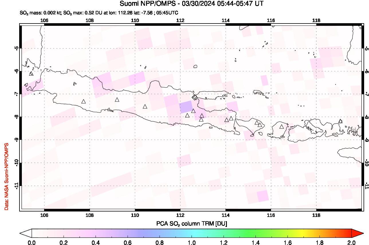 A sulfur dioxide image over Java, Indonesia on Mar 30, 2024.