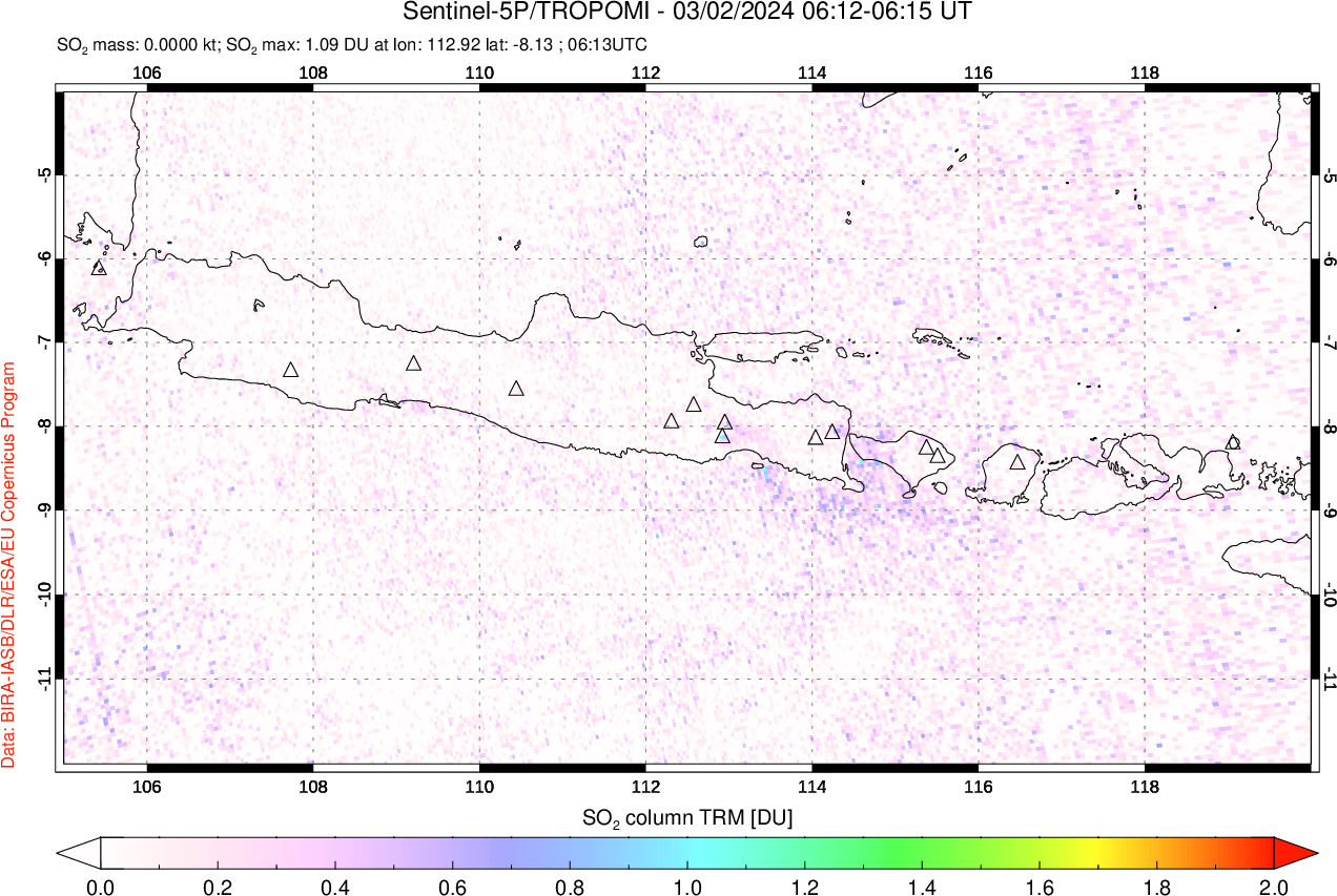 A sulfur dioxide image over Java, Indonesia on Mar 02, 2024.