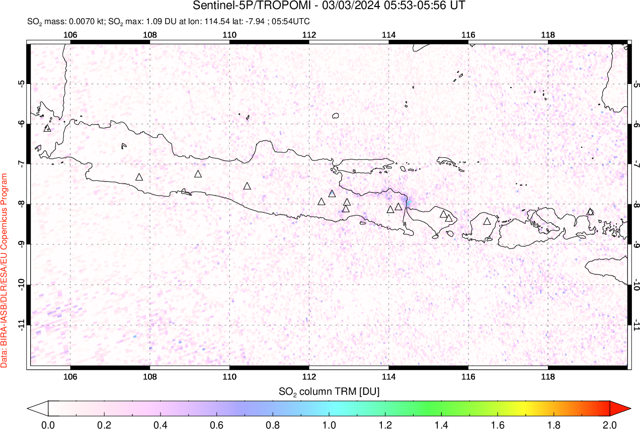A sulfur dioxide image over Java, Indonesia on Mar 03, 2024.
