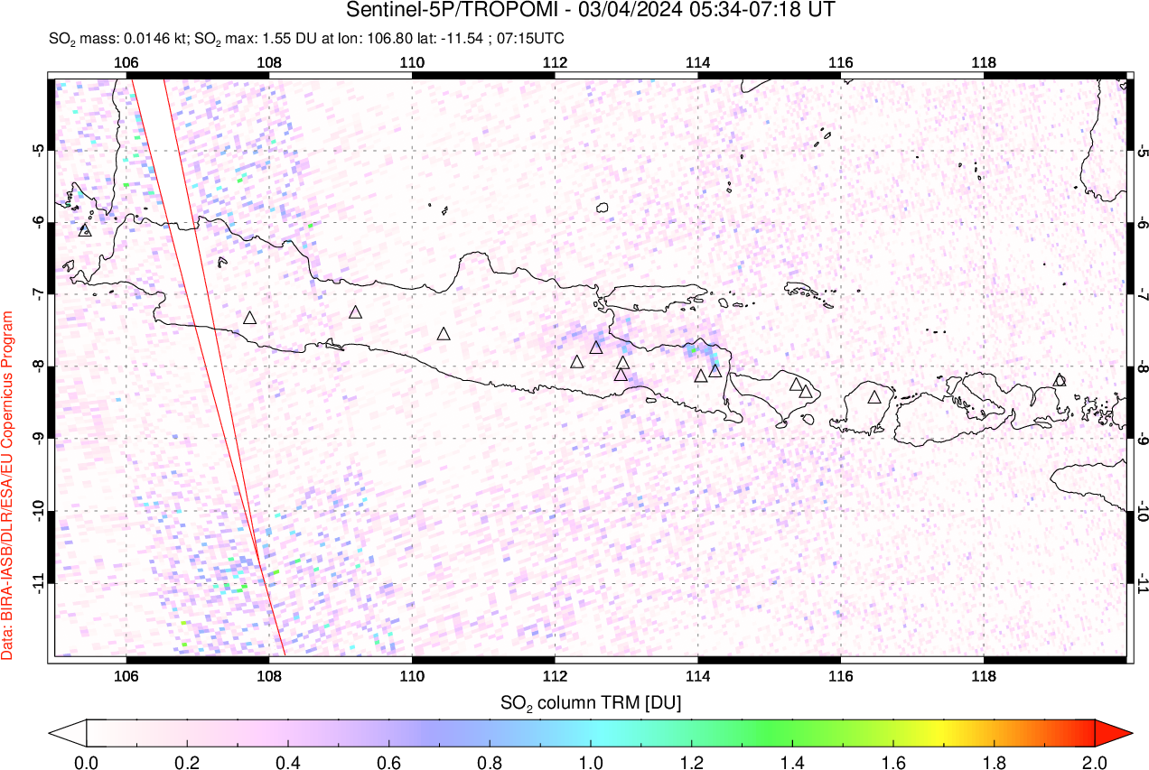 A sulfur dioxide image over Java, Indonesia on Mar 04, 2024.