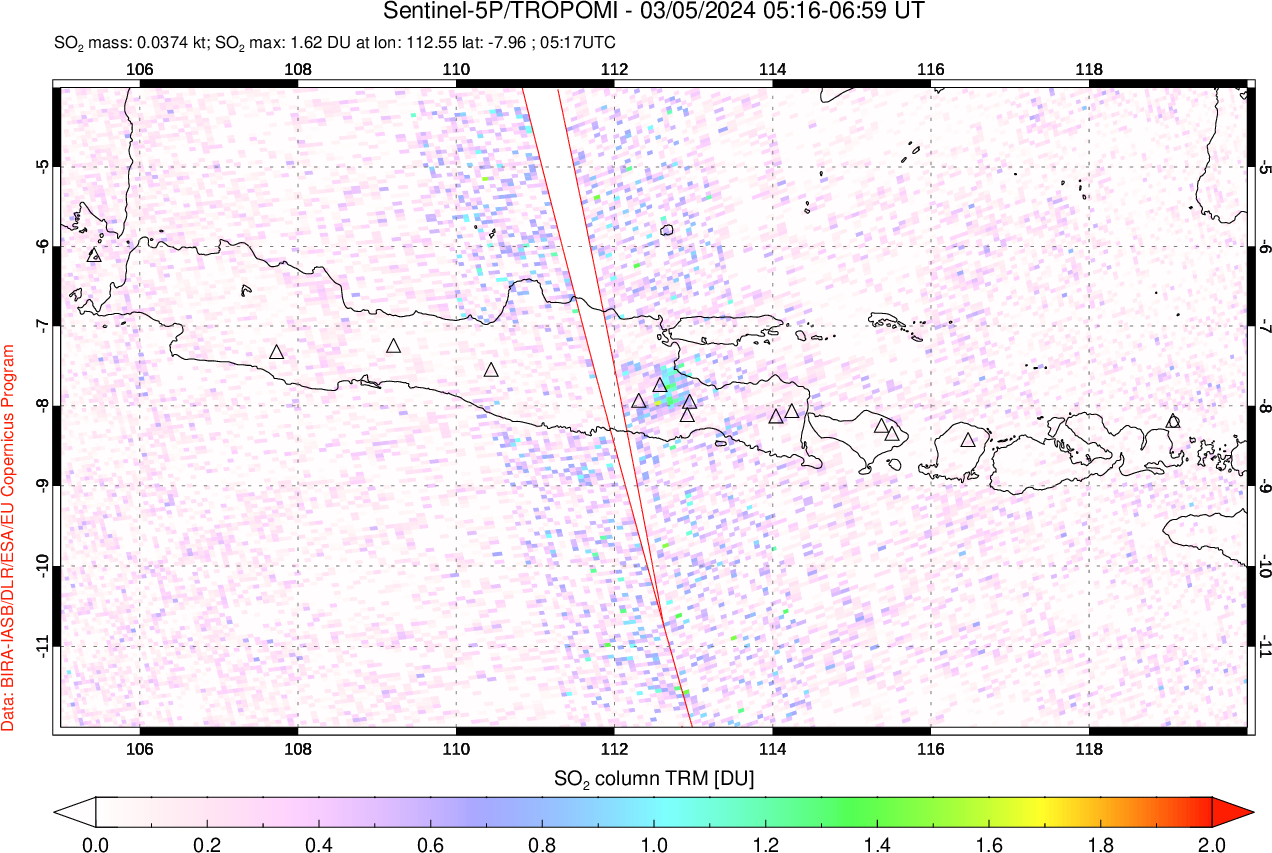 A sulfur dioxide image over Java, Indonesia on Mar 05, 2024.