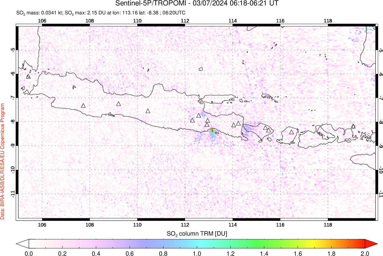 A sulfur dioxide image over Java, Indonesia on Mar 07, 2024.