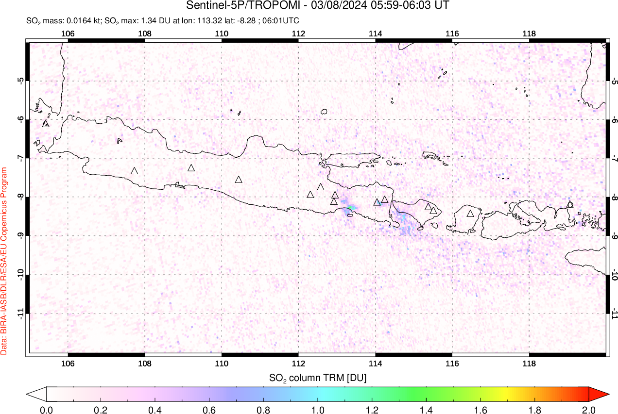 A sulfur dioxide image over Java, Indonesia on Mar 08, 2024.