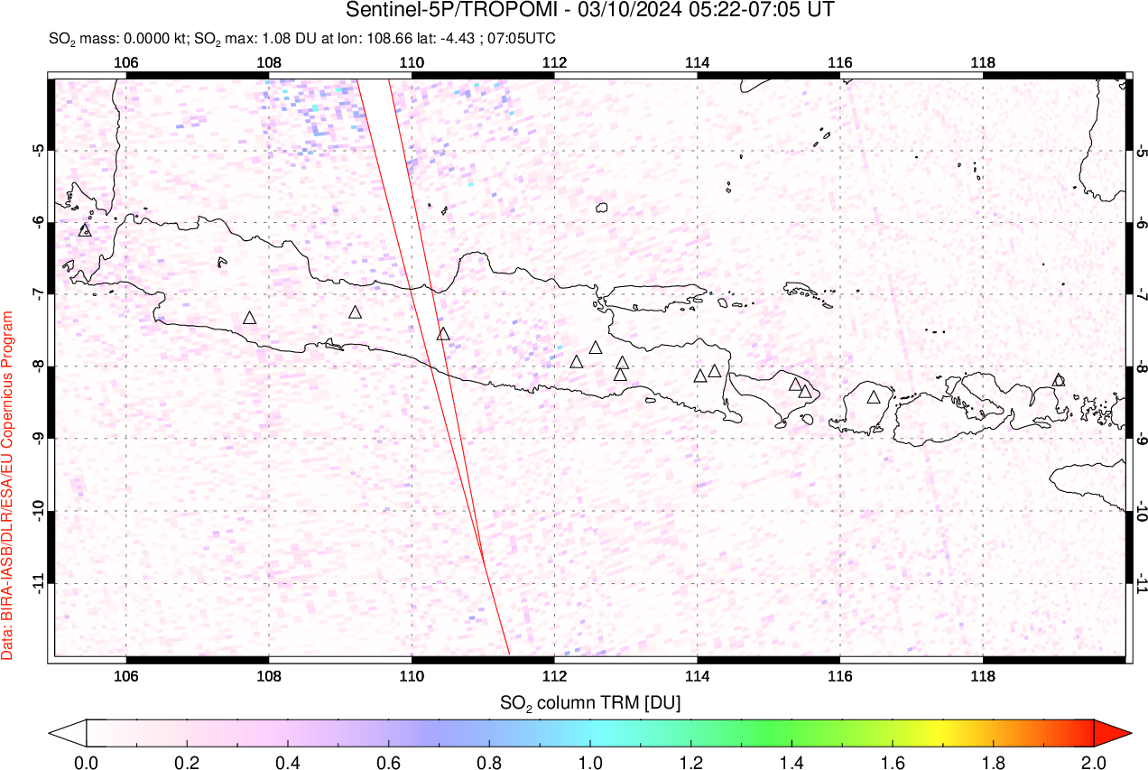 A sulfur dioxide image over Java, Indonesia on Mar 10, 2024.