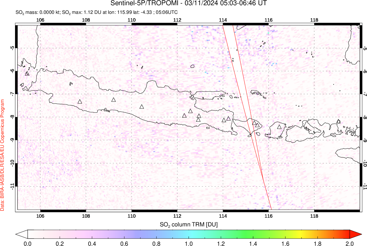 A sulfur dioxide image over Java, Indonesia on Mar 11, 2024.