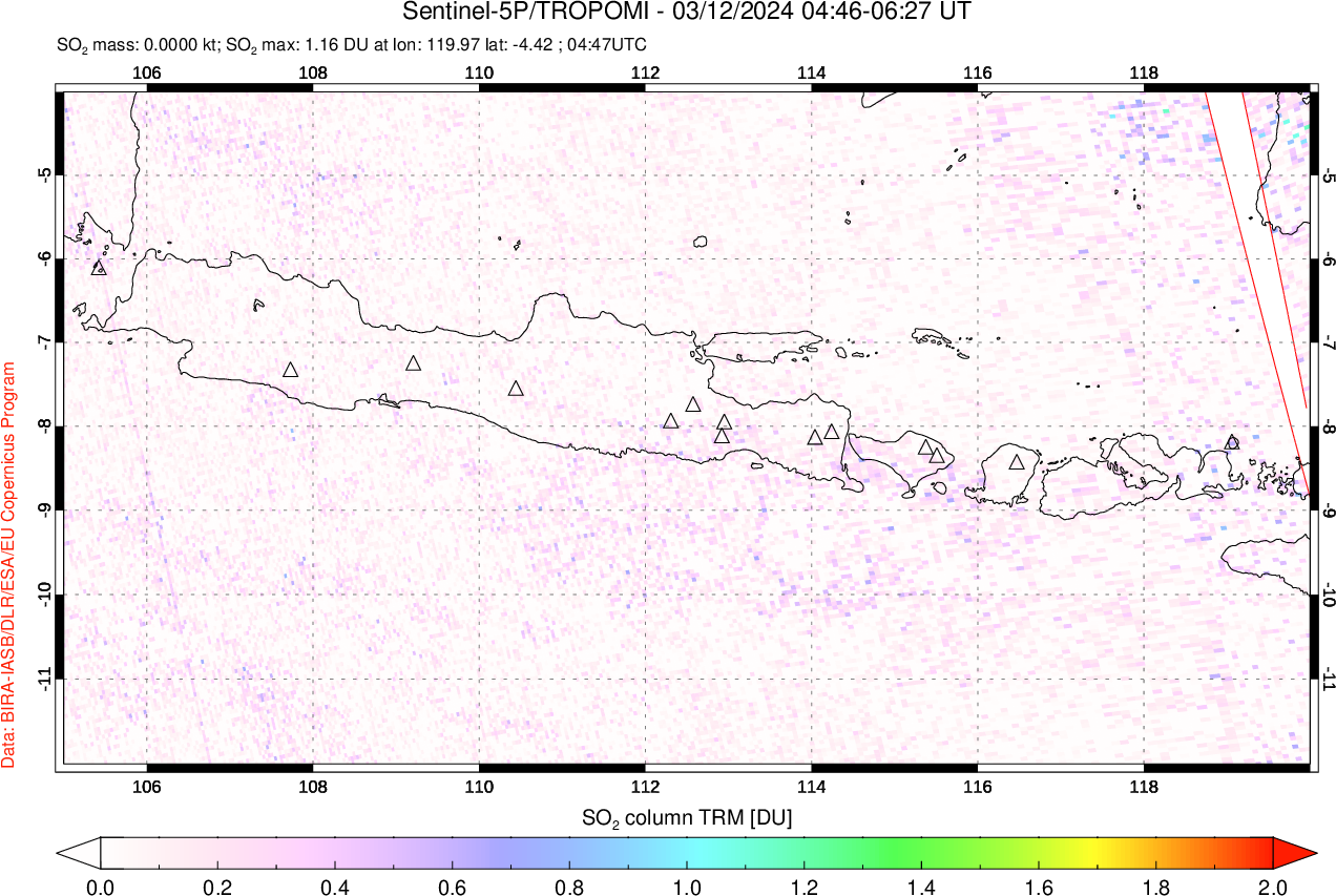 A sulfur dioxide image over Java, Indonesia on Mar 12, 2024.