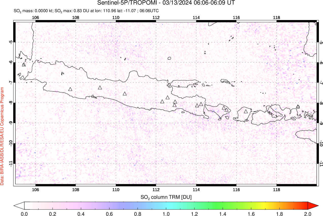 A sulfur dioxide image over Java, Indonesia on Mar 13, 2024.