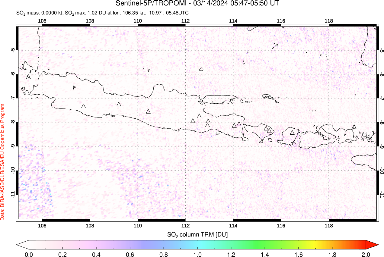 A sulfur dioxide image over Java, Indonesia on Mar 14, 2024.