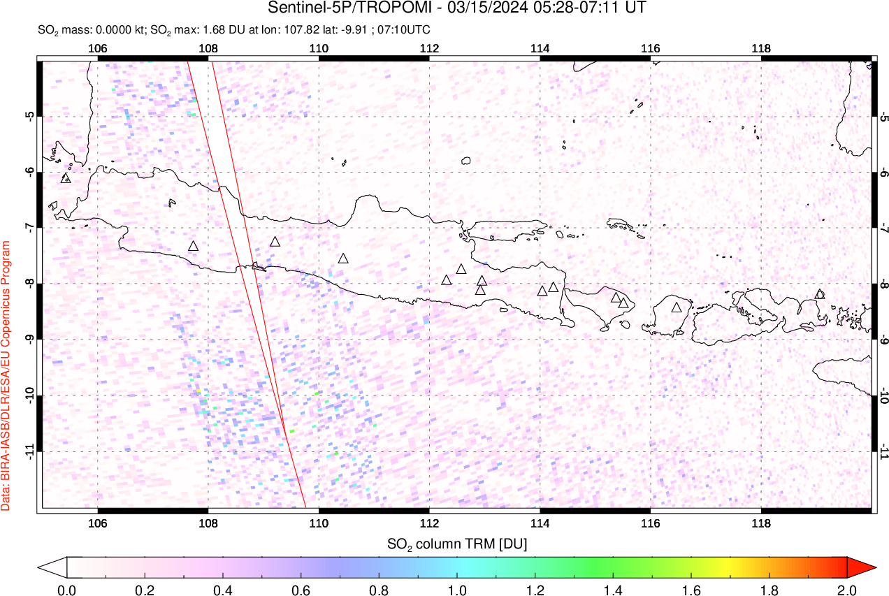 A sulfur dioxide image over Java, Indonesia on Mar 15, 2024.