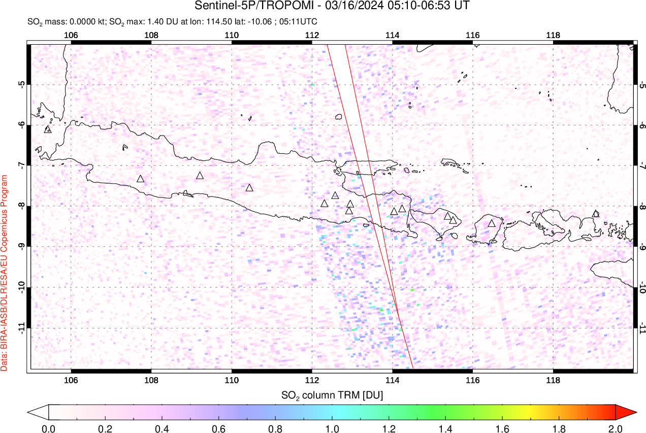 A sulfur dioxide image over Java, Indonesia on Mar 16, 2024.