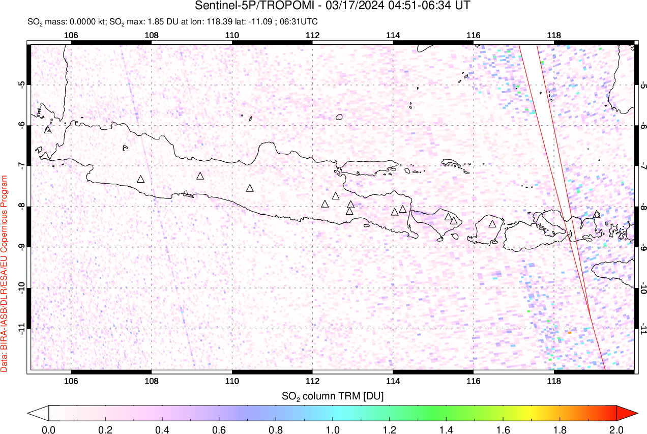 A sulfur dioxide image over Java, Indonesia on Mar 17, 2024.