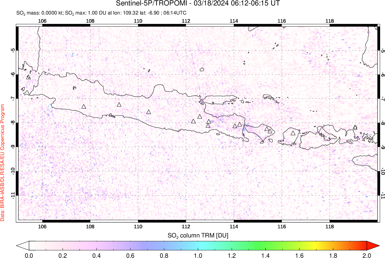A sulfur dioxide image over Java, Indonesia on Mar 18, 2024.