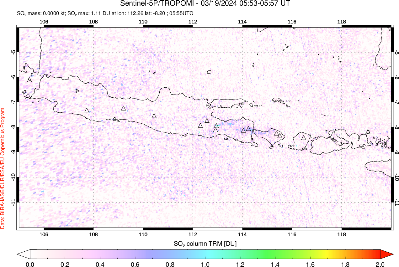 A sulfur dioxide image over Java, Indonesia on Mar 19, 2024.
