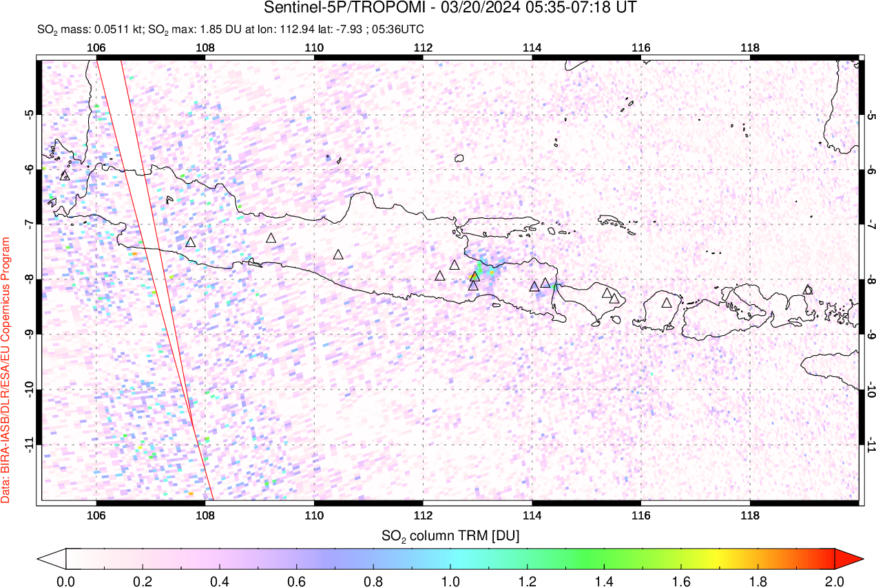 A sulfur dioxide image over Java, Indonesia on Mar 20, 2024.